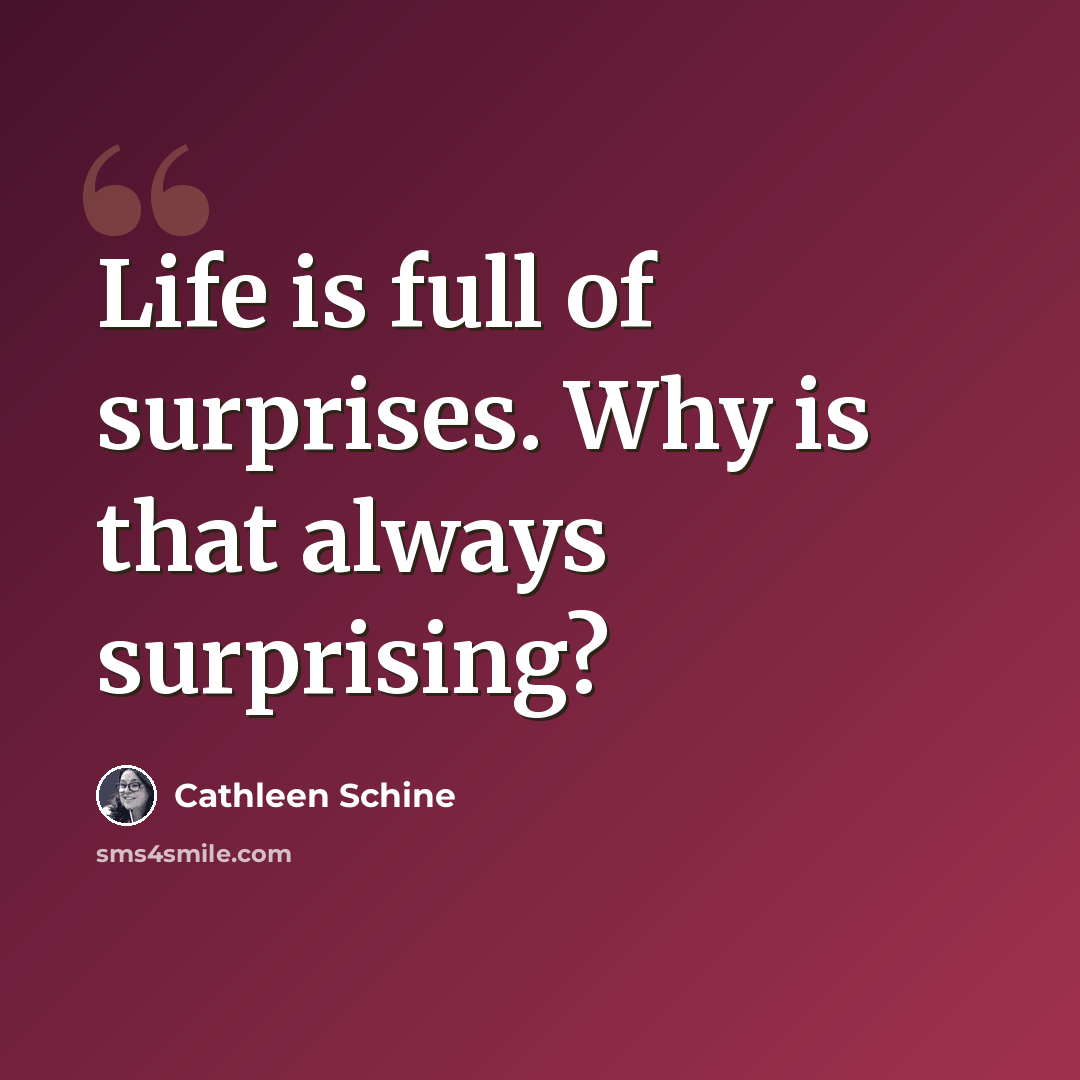 “Life is full of surprises. Why is that always surprising?” quote by Cathleen Schine