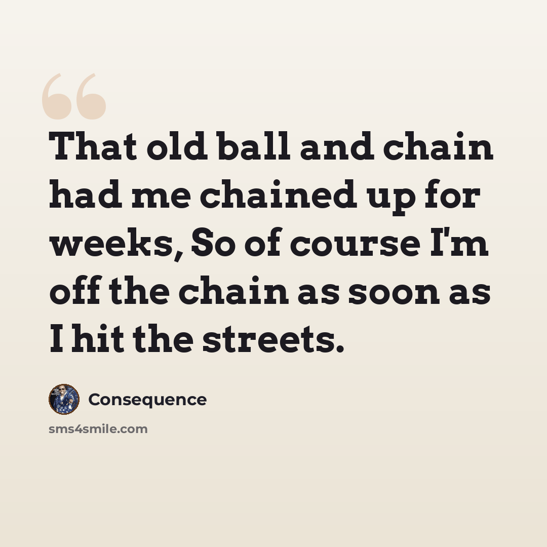 “That old ball and chain had me chained up for weeks, So of course I'm off the chain as soon as I hit the streets.” quote by Consequence