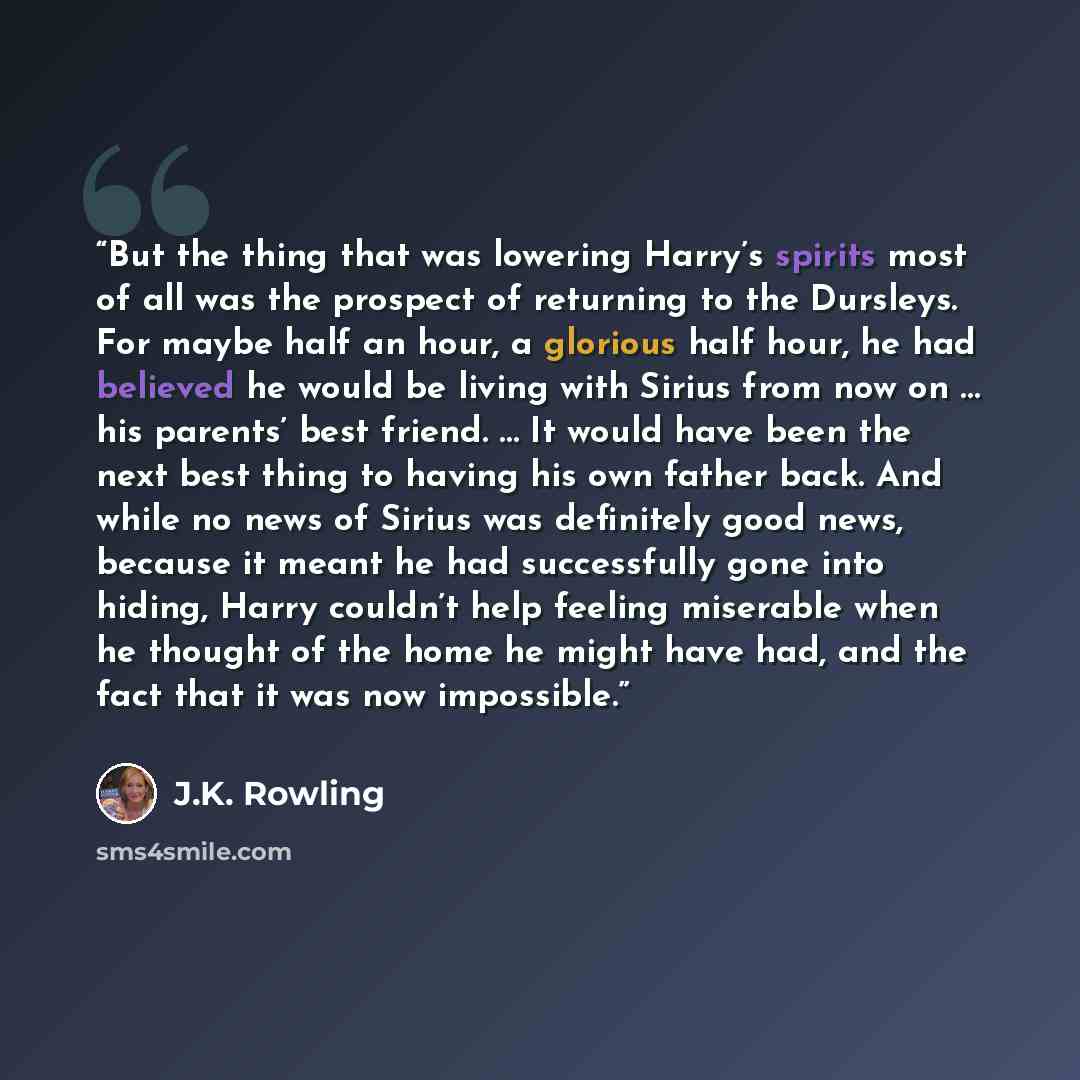 “But the thing that was lowering Harry’s spirits most of all was the prospect of returning to the Dursleys. For maybe half an hour, a glorious half hour, he had believed he would be living with Sirius from now on … his parents’ best friend. … It would have been the next best thing to having his own…” quote by J.K. Rowling