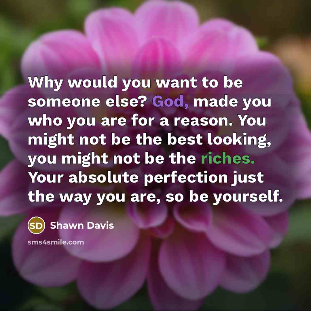 “Why would you want to be someone else? God, made you who you are for a reason. You might not be the best looking, you might not be the riches. Your absolute perfection just the way you are, so be yourself.” quote by Shawn Davis