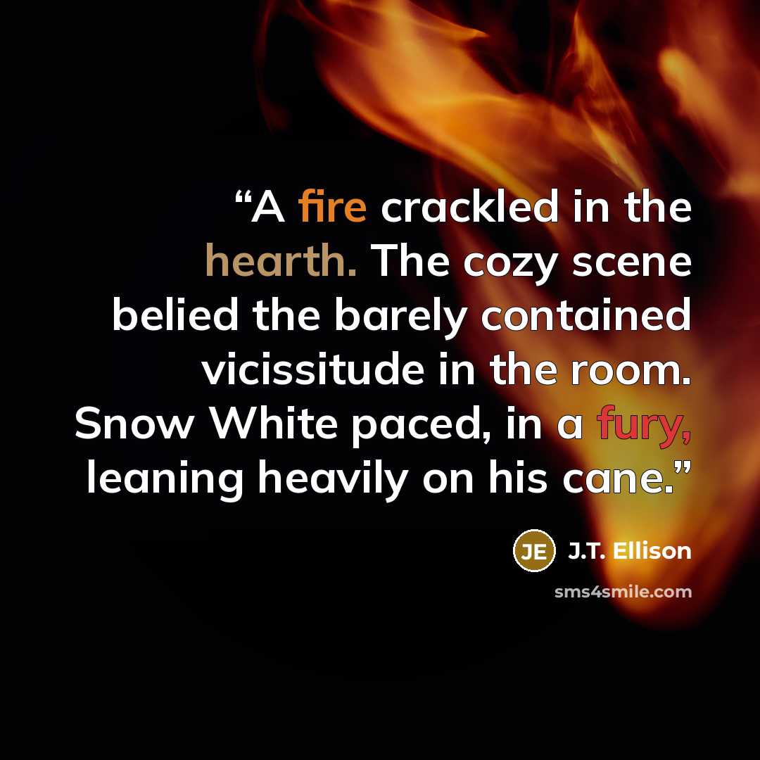 “A fire crackled in the hearth. The cozy scene belied the barely contained vicissitude in the room. Snow White paced, in a fury, leaning heavily on his cane.” quote by J.T. Ellison
