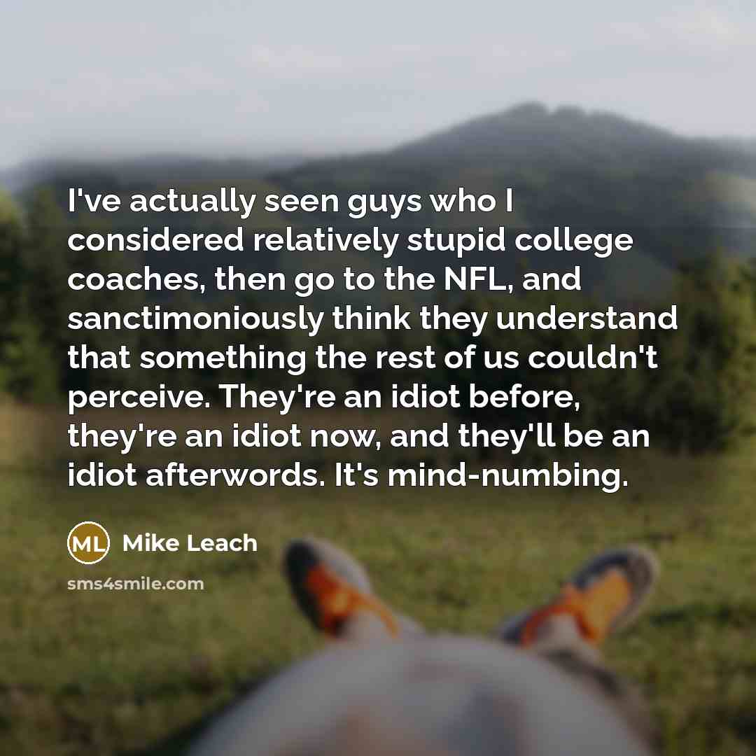 “I've actually seen guys who I considered relatively stupid college coaches, then go to the NFL, and sanctimoniously think they understand that something the rest of us couldn't perceive. They're an idiot before, they're an idiot now, and they'll be an idiot afterwords. It's mind-numbing.” quote by Mike Leach