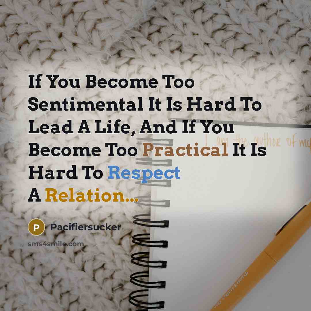 “If You Become Too Sentimental It Is Hard To Lead A Life, And If You Become Too Practical It Is Hard To Respect A Relation...” quote by Pacifiersucker