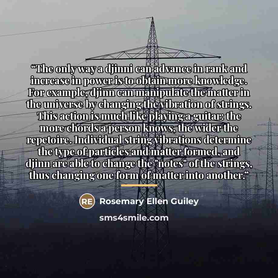 “The only way a djinni can advance in rank and increase in power is to obtain more knowledge. For example, djinn can manipulate the matter in the universe by changing the vibration of strings. This action is much like playing a guitar: the more chords a person knows, the wider the repetoire…” quote by Rosemary Ellen Guiley