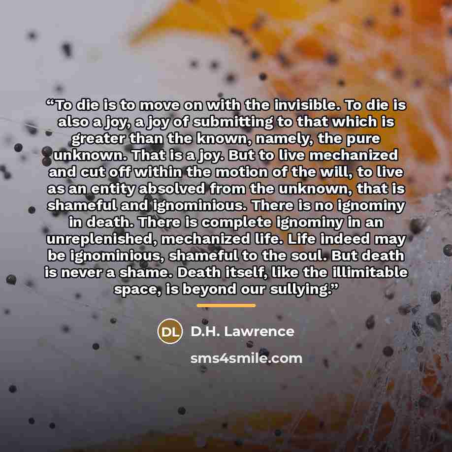 “To die is to move on with the invisible. To die is also a joy, a joy of submitting to that which is greater than the known, namely, the pure unknown. That is a joy. But to live mechanized and cut off within the motion of the will, to live as an entity absolved from the unknown, that is shameful…” quote by D.H. Lawrence