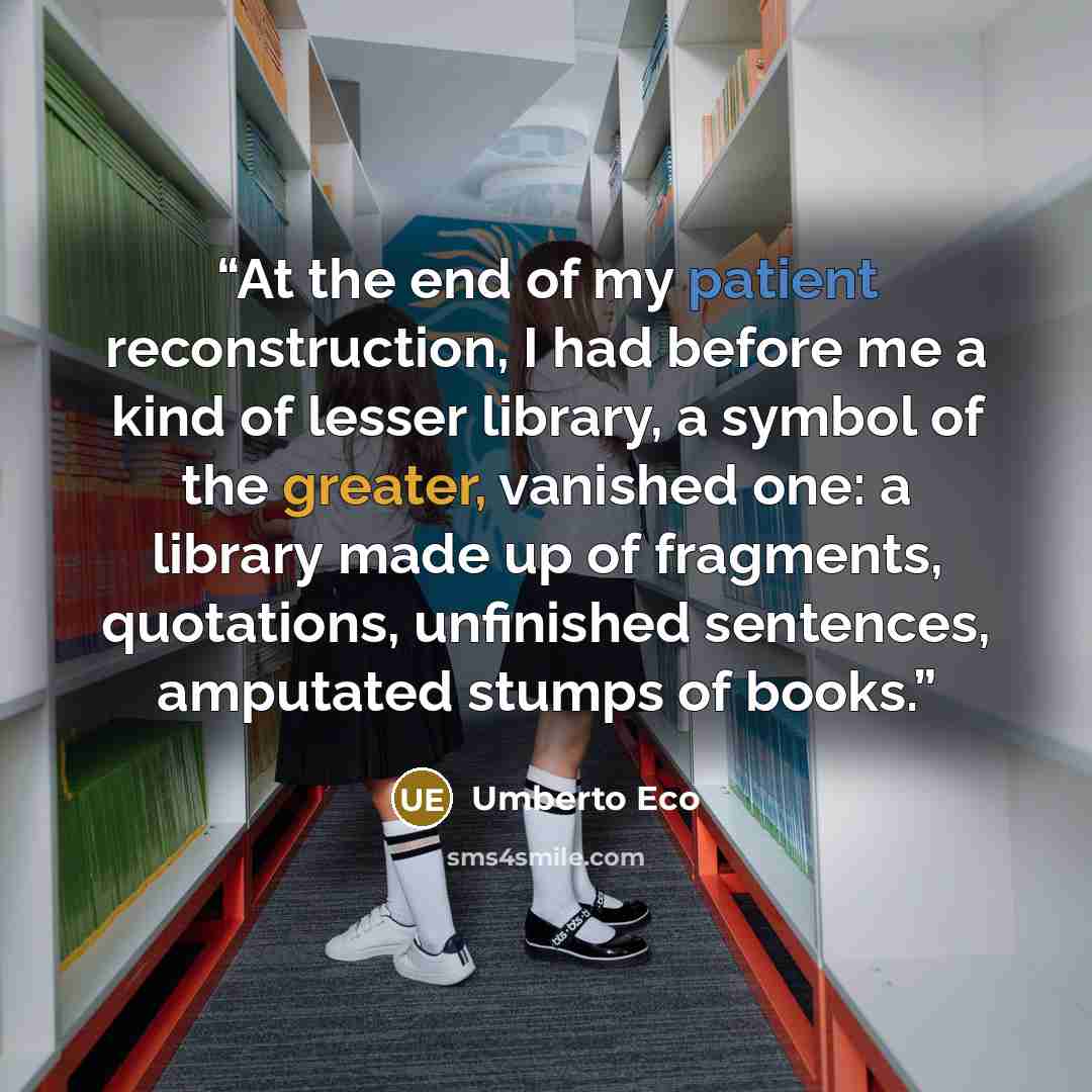 “At the end of my patient reconstruction, I had before me a kind of lesser library, a symbol of the greater, vanished one: a library made up of fragments, quotations, unfinished sentences, amputated stumps of books.” quote by Umberto Eco
