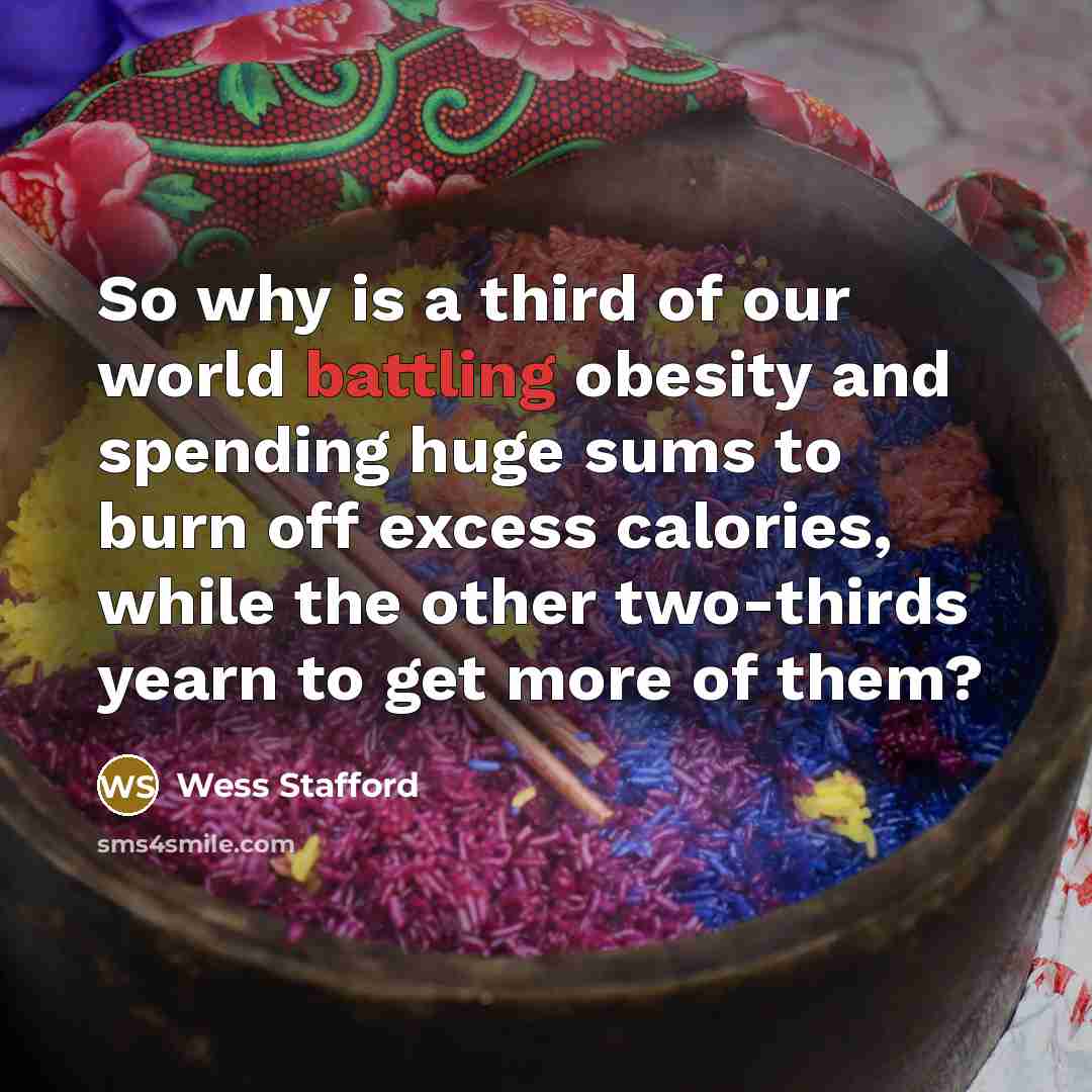 “So why is a third of our world battling obesity and spending huge sums to burn off excess calories, while the other two-thirds yearn to get more of them?” quote by Wess Stafford