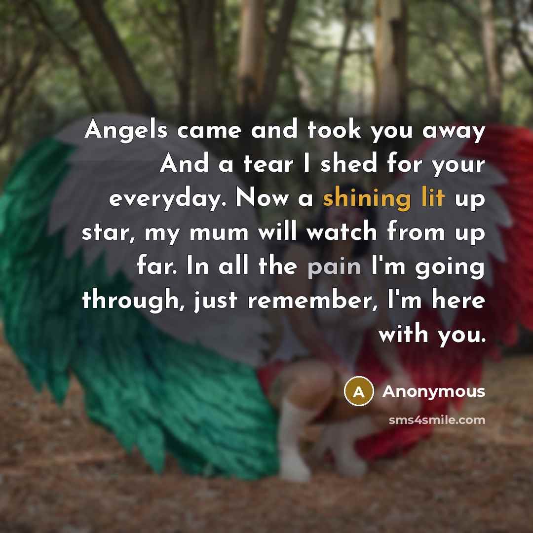 “Angels came and took you away And a tear I shed for your everyday. Now a shining lit up star, my mum will watch from up far. In all the pain I'm going through, just remember, I'm here with you.” quote by Anonymous