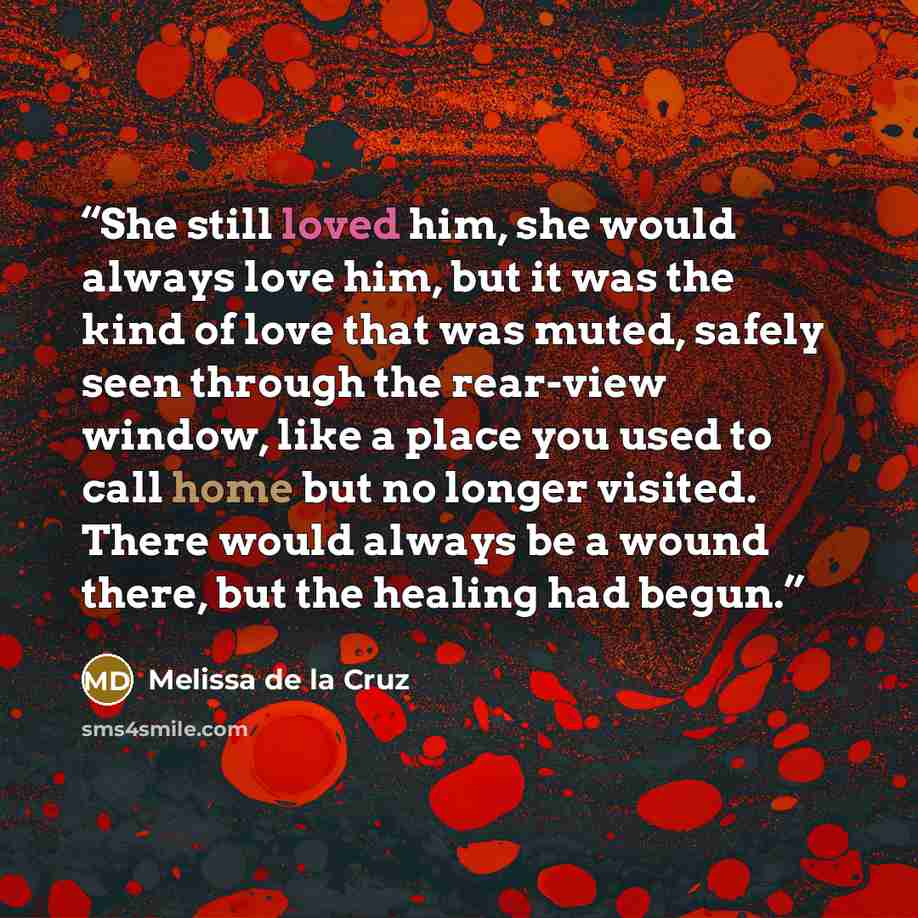 “She still loved him, she would always love him, but it was the kind of love that was muted, safely seen through the rear-view window, like a place you used to call home but no longer visited. There would always be a wound there, but the healing had begun.” quote by Melissa de la Cruz