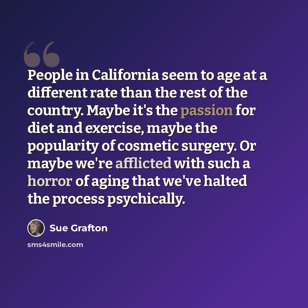 “People in California seem to age at a different rate than the rest of the country. Maybe it's the passion for diet and exercise, maybe the popularity of cosmetic surgery. Or maybe we're afflicted with such a horror of aging that we've halted the process psychically.” quote by Sue Grafton