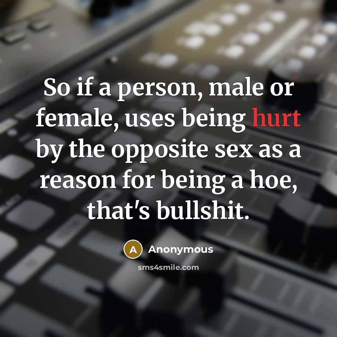 “So if a person, male or female, uses being hurt by the opposite sex as a reason for being a hoe, that's bullshit.” quote by Anonymous