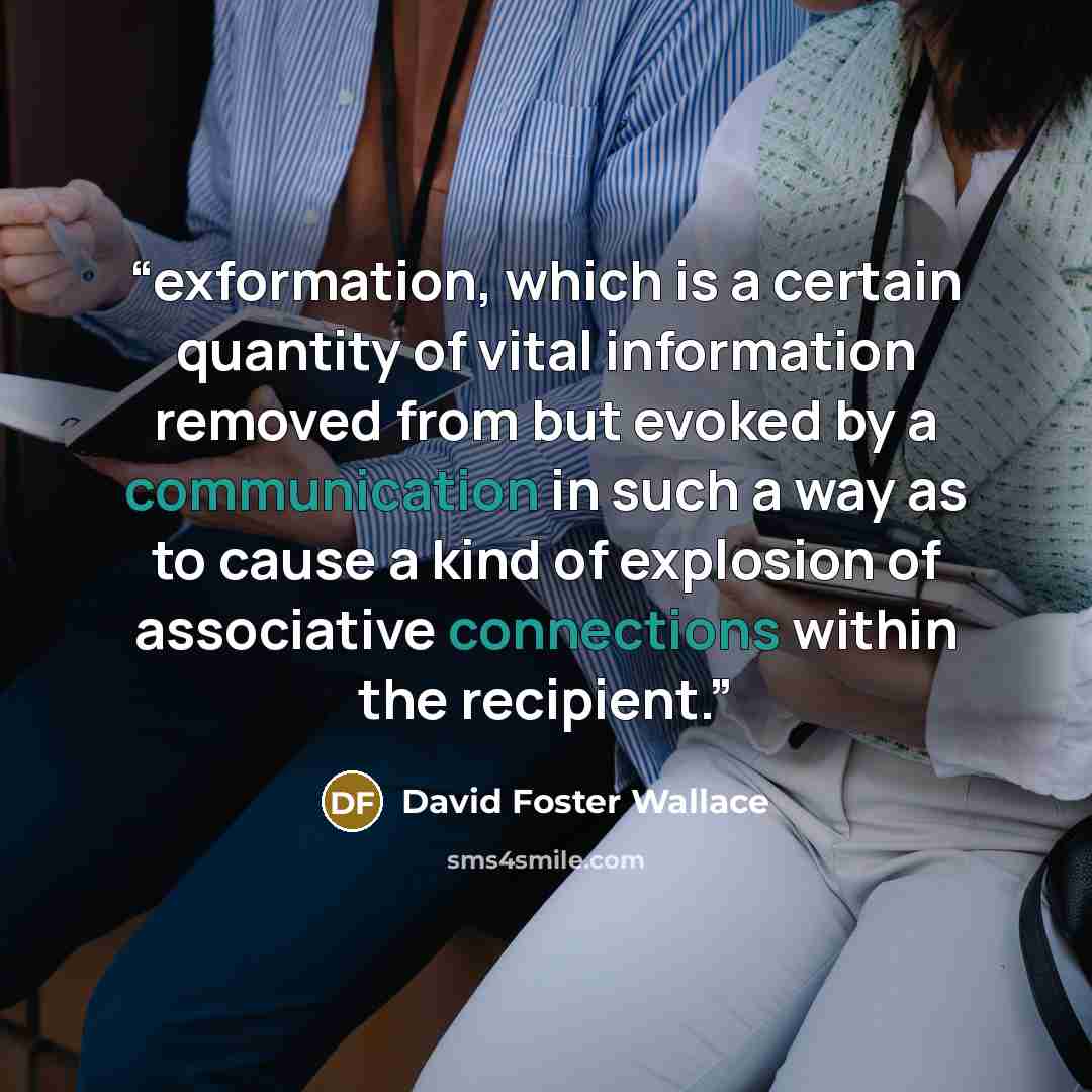 “exformation, which is a certain quantity of vital information removed from but evoked by a communication in such a way as to cause a kind of explosion of associative connections within the recipient.” quote by David Foster Wallace