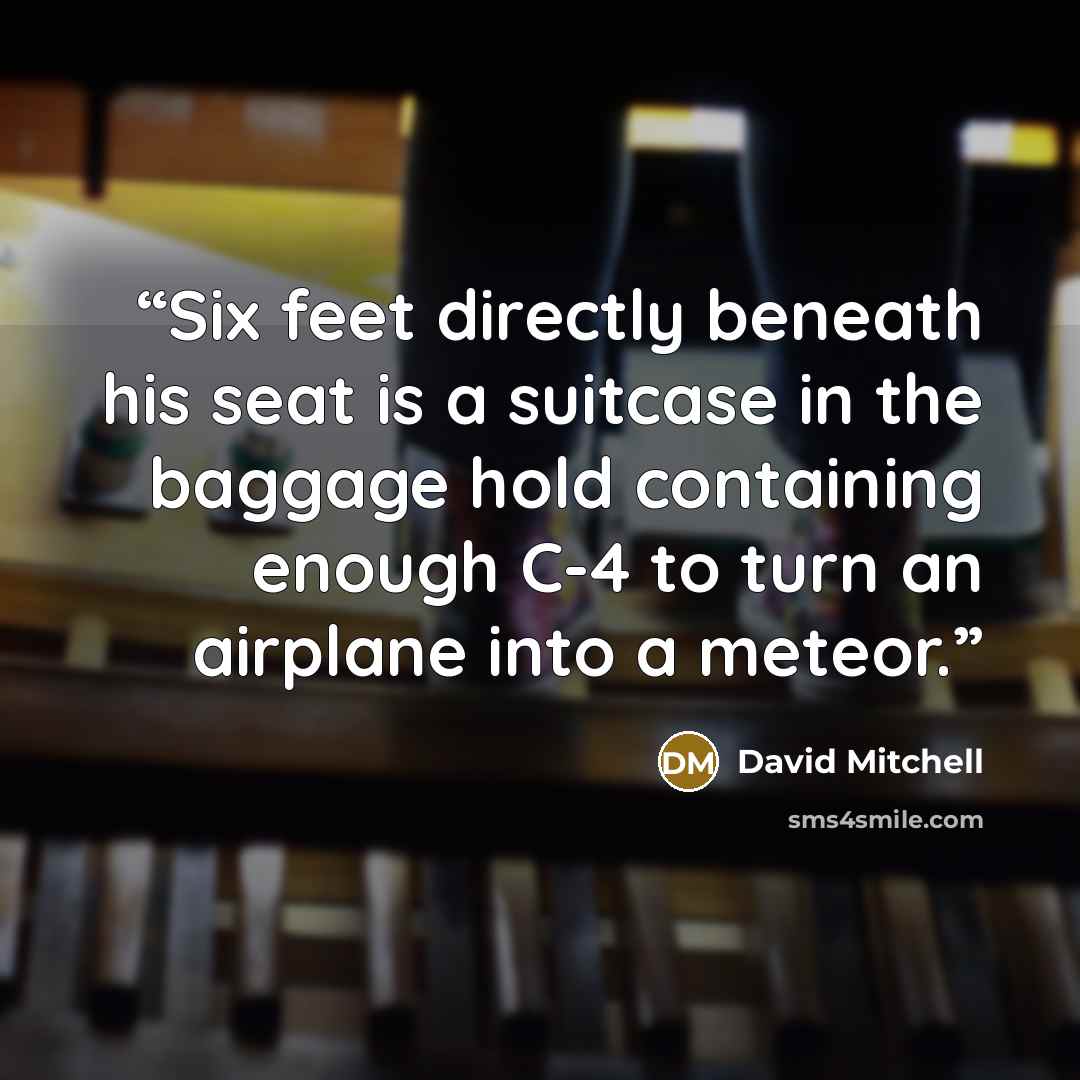 “Six feet directly beneath his seat is a suitcase in the baggage hold containing enough C-4 to turn an airplane into a meteor.” quote by David Mitchell