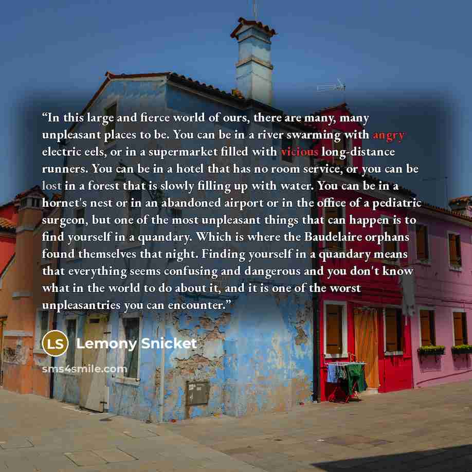 “In this large and fierce world of ours, there are many, many unpleasant places to be. You can be in a river swarming with angry electric eels, or in a supermarket filled with vicious long-distance runners. You can be in a hotel that has no room service, or you can be lost in a forest that is…” quote by Lemony Snicket