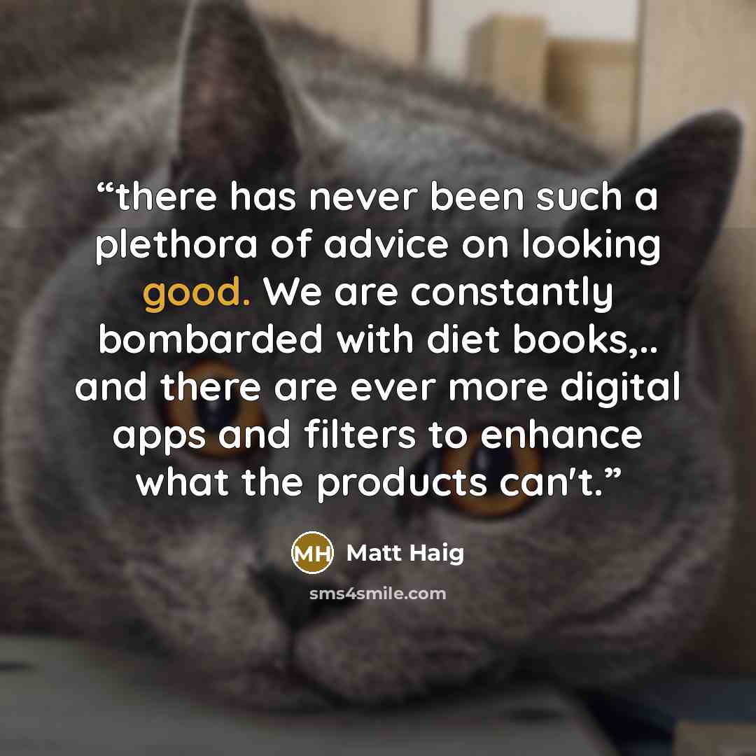 “there has never been such a plethora of advice on looking good. We are constantly bombarded with diet books,.. and there are ever more digital apps and filters to enhance what the products can't.” quote by Matt Haig