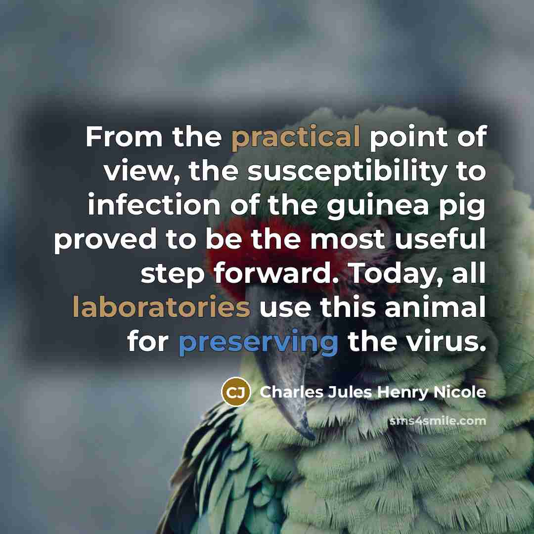 “From the practical point of view, the susceptibility to infection of the guinea pig proved to be the most useful step forward. Today, all laboratories use this animal for preserving the virus.” quote by Charles Jules Henry Nicole