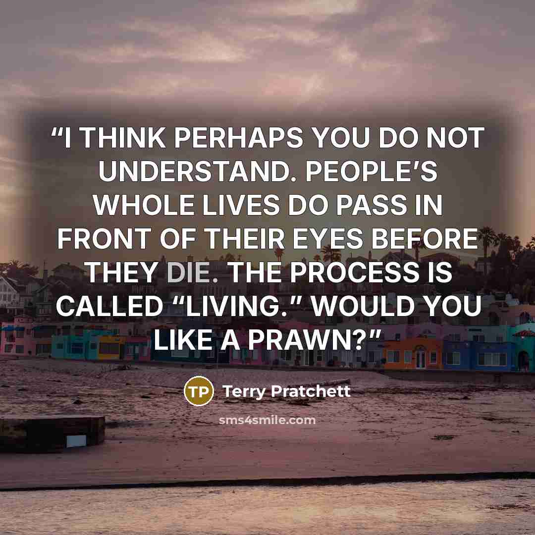 “I THINK PERHAPS YOU DO NOT UNDERSTAND. PEOPLE’S WHOLE LIVES DO PASS IN FRONT OF THEIR EYES BEFORE THEY DIE. THE PROCESS IS CALLED “LIVING.” WOULD YOU LIKE A PRAWN?” quote by Terry Pratchett