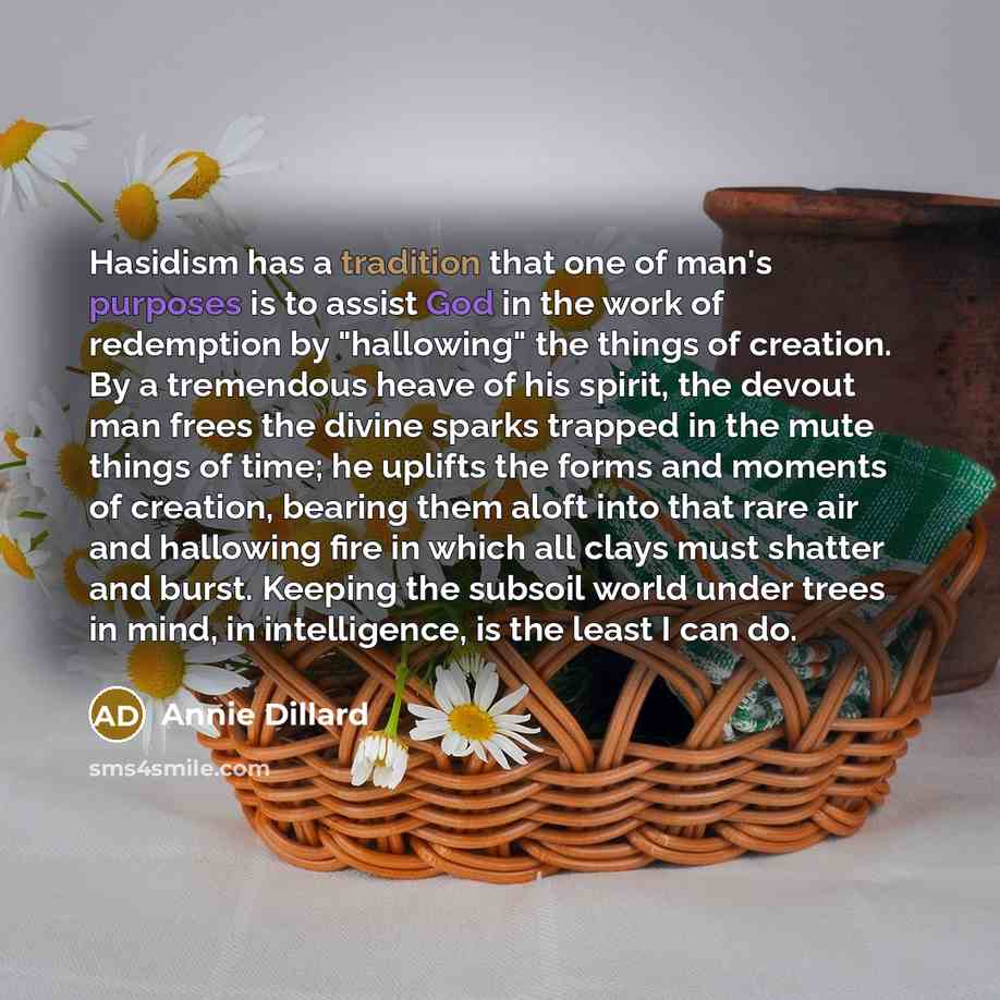 “Hasidism has a tradition that one of man's purposes is to assist God in the work of redemption by "hallowing" the things of creation. By a tremendous heave of his spirit, the devout man frees the divine sparks trapped in the mute things of time; he uplifts the forms and moments of creation…” quote by Annie Dillard