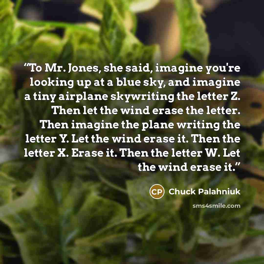 “To Mr. Jones, she said, imagine you're looking up at a blue sky, and imagine a tiny airplane skywriting the letter Z. Then let the wind erase the letter. Then imagine the plane writing the letter Y. Let the wind erase it. Then the letter X. Erase it. Then the letter W. Let the wind erase it.” quote by Chuck Palahniuk