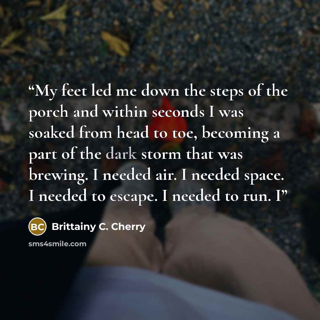 “My feet led me down the steps of the porch and within seconds I was soaked from head to toe, becoming a part of the dark storm that was brewing. I needed air. I needed space. I needed to escape. I needed to run. I” quote by Brittainy C. Cherry
