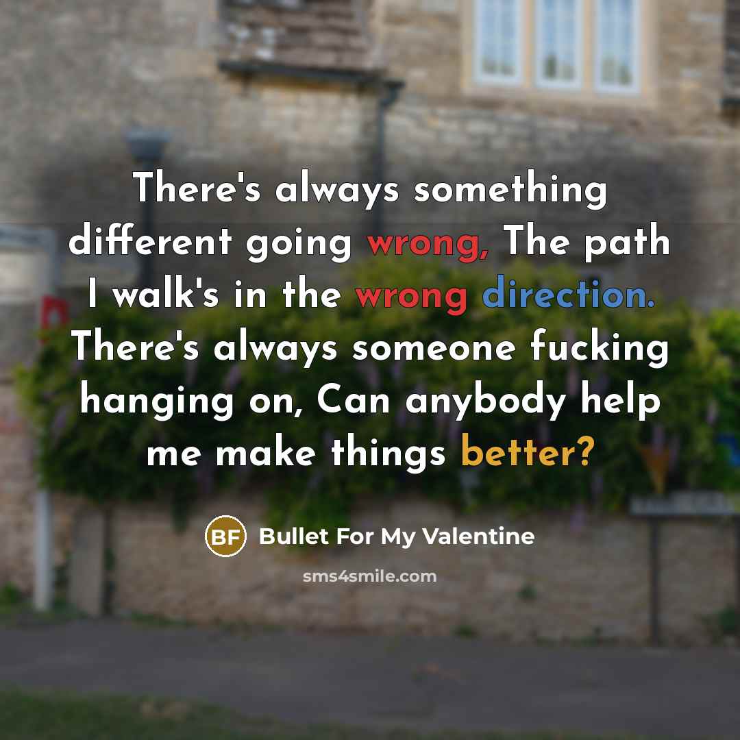 “There's always something different going wrong, The path I walk's in the wrong direction. There's always someone fucking hanging on, Can anybody help me make things better?” quote by Bullet For My Valentine