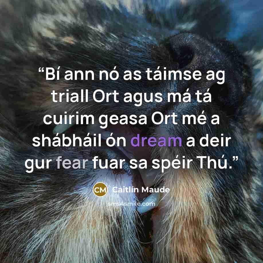 “Bí ann nó as táimse ag triall Ort agus má tá cuirim geasa Ort mé a shábháil ón dream a deir gur fear fuar sa spéir Thú.” quote by Caitlín Maude