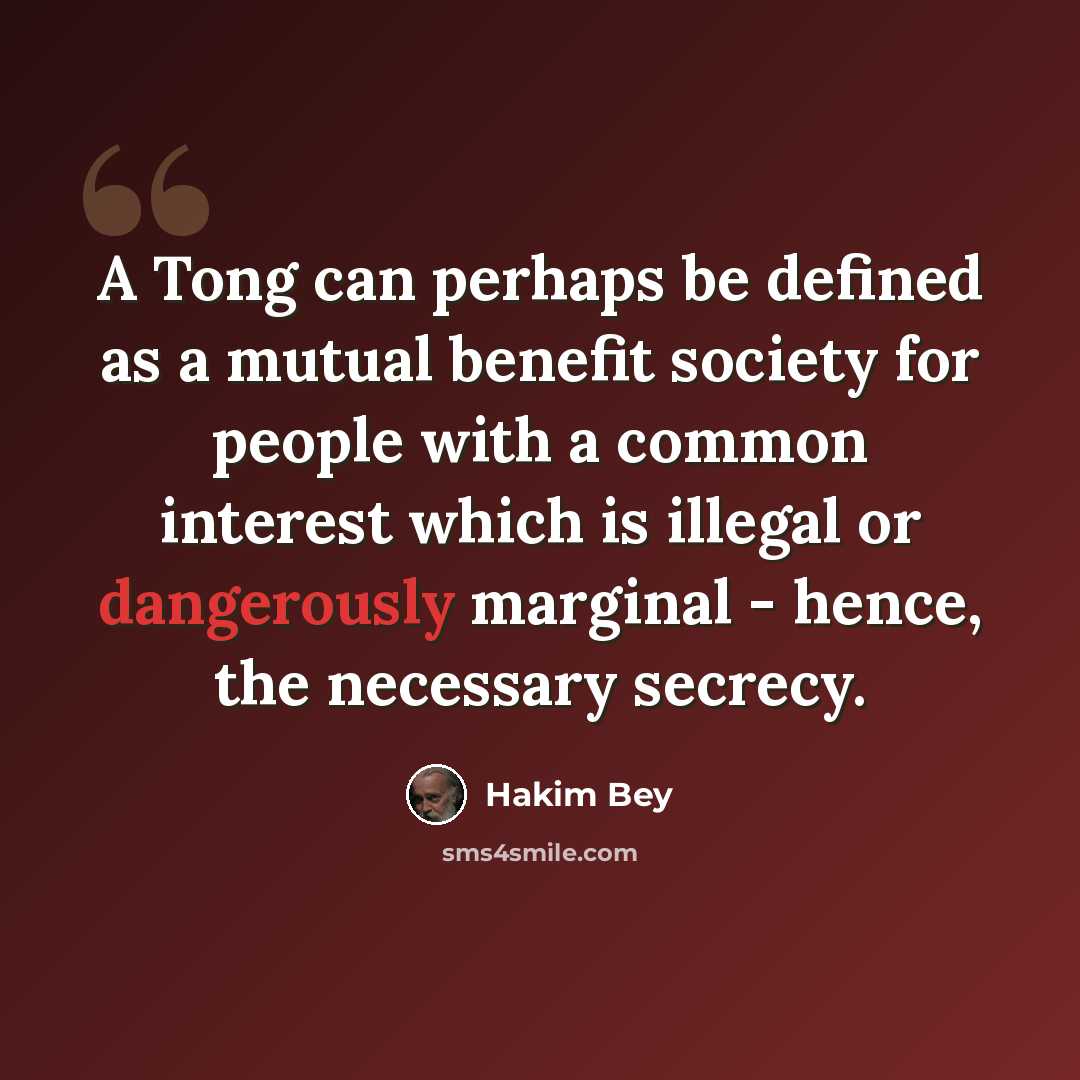 “A Tong can perhaps be defined as a mutual benefit society for people with a common interest which is illegal or dangerously marginal - hence, the necessary secrecy.” quote by Hakim Bey