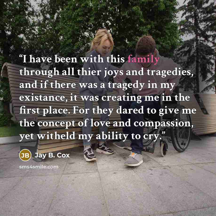“I have been with this family through all thier joys and tragedies, and if there was a tragedy in my existance, it was creating me in the first place. For they dared to give me the concept of love and compassion, yet witheld my ability to cry.” quote by Jay B. cox