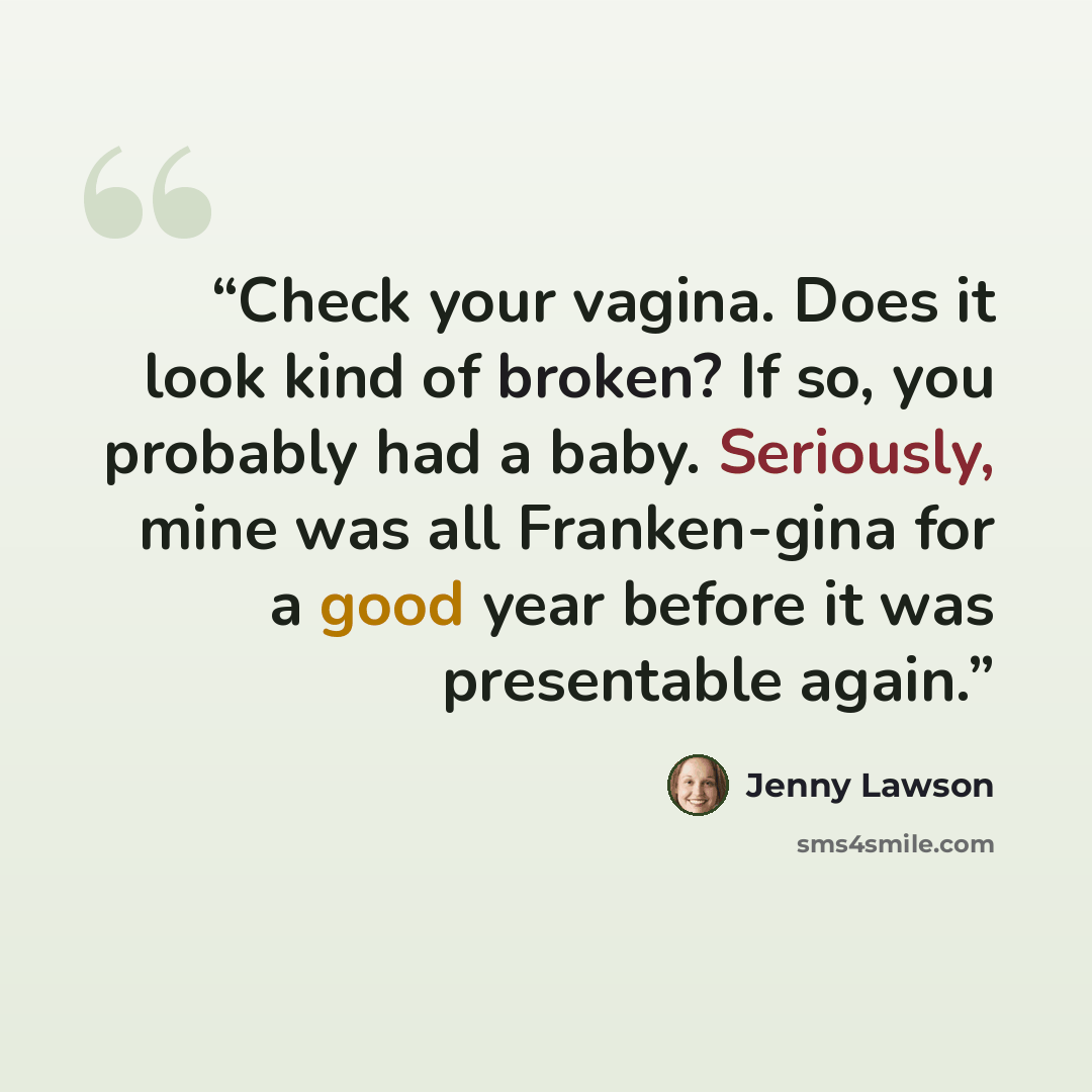 “Check your vagina. Does it look kind of broken? If so, you probably had a baby. Seriously, mine was all Franken-gina for a good year before it was presentable again.” quote by Jenny Lawson