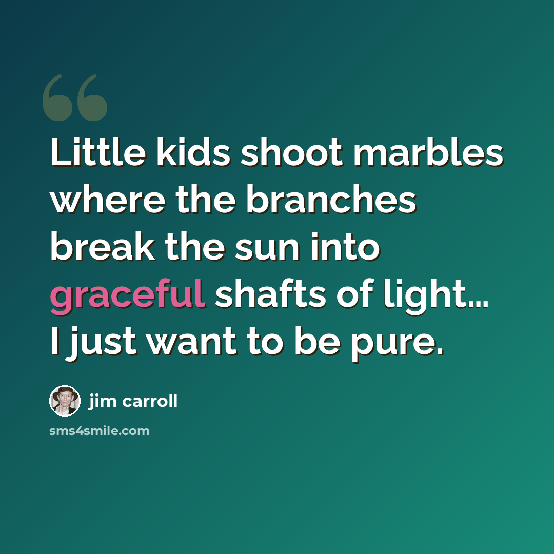 “Little kids shoot marbles where the branches break the sun into graceful shafts of light… I just want to be pure.” quote by Jim Carroll