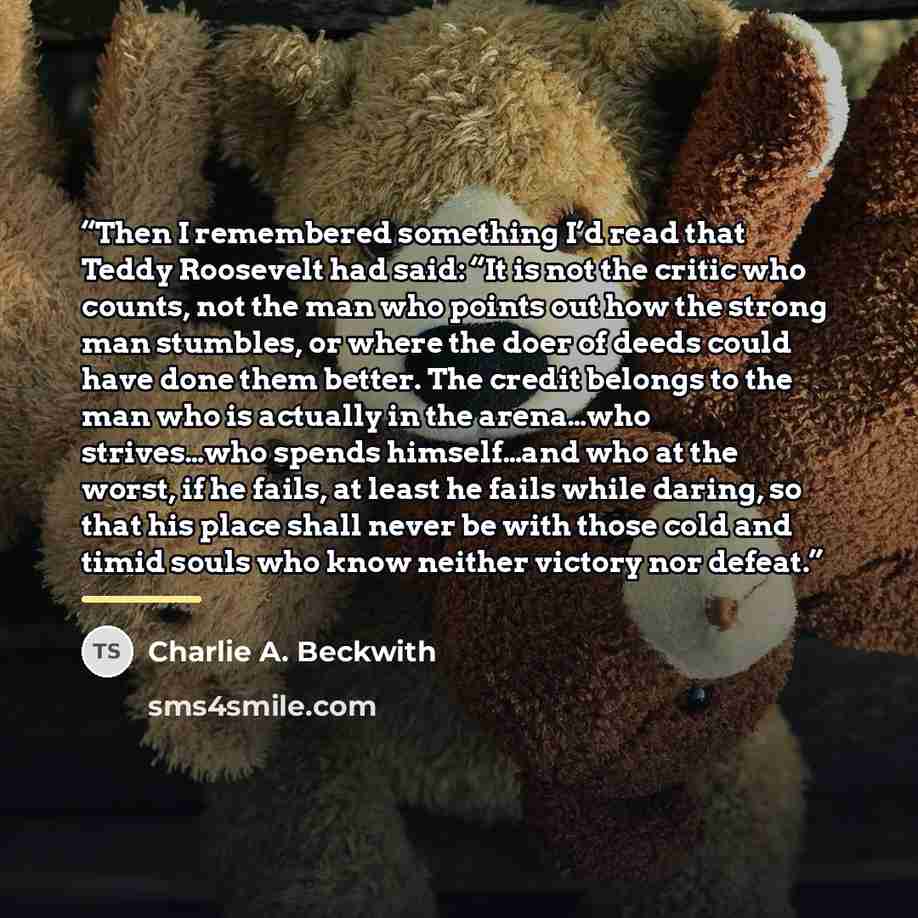 “Then I remembered something I’d read that Teddy Roosevelt had said: “It is not the critic who counts, not the man who points out how the strong man stumbles, or where the doer of deeds could have done them better. The credit belongs to the man who is actually in the arena…who strives…who spends…” quote by Charlie A. Beckwith