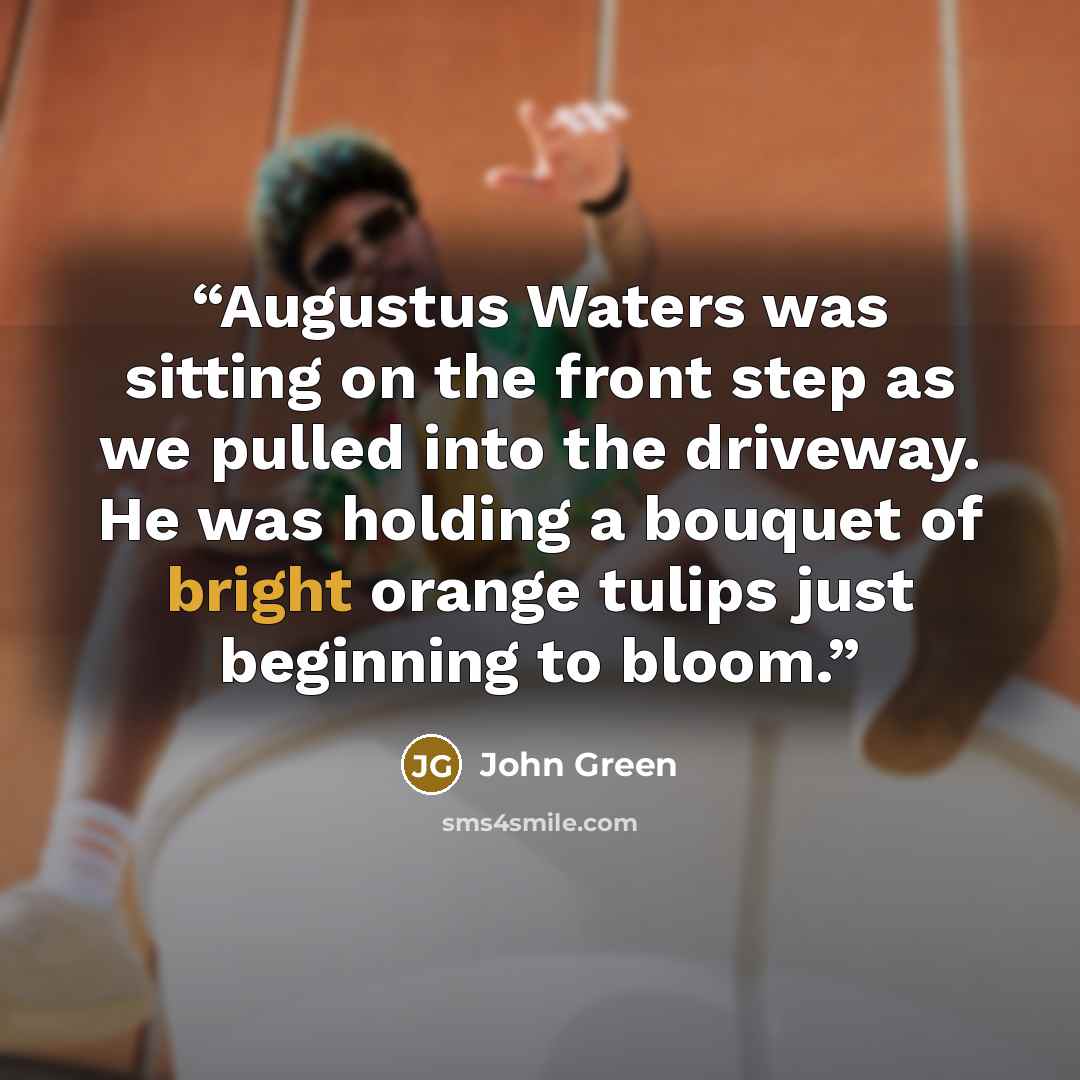“Augustus Waters was sitting on the front step as we pulled into the driveway. He was holding a bouquet of bright orange tulips just beginning to bloom.” quote by John Green