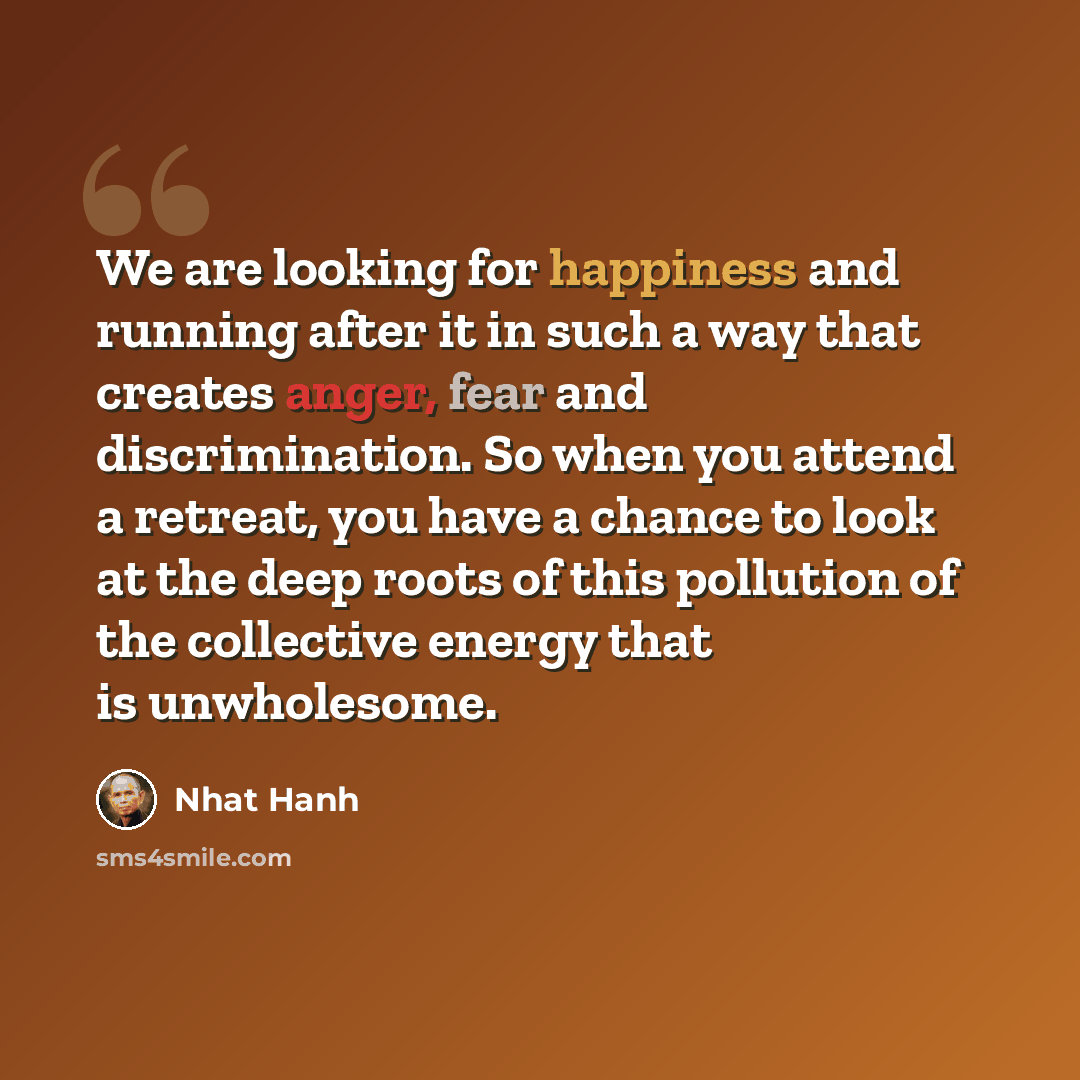 “We are looking for happiness and running after it in such a way that creates anger, fear and discrimination. So when you attend a retreat, you have a chance to look at the deep roots of this pollution of the collective energy that is unwholesome.” quote by Nhat Hanh