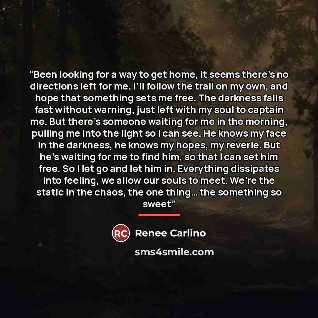 “Been looking for a way to get home, it seems there’s no directions left for me. I’ll follow the trail on my own, and hope that something sets me free. The darkness falls fast without warning, just left with my soul to captain me. But there’s someone waiting for me in the morning, pulling me into…” quote by Renee Carlino