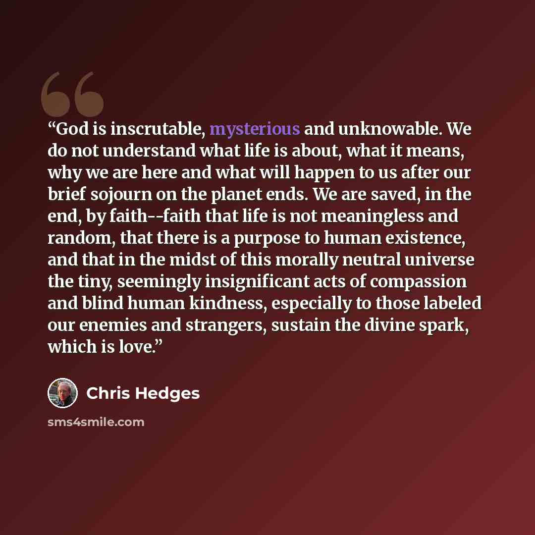 “God is inscrutable, mysterious and unknowable. We do not understand what life is about, what it means, why we are here and what will happen to us after our brief sojourn on the planet ends. We are saved, in the end, by faith--faith that life is not meaningless and random, that there is a purpose…” quote by Chris Hedges