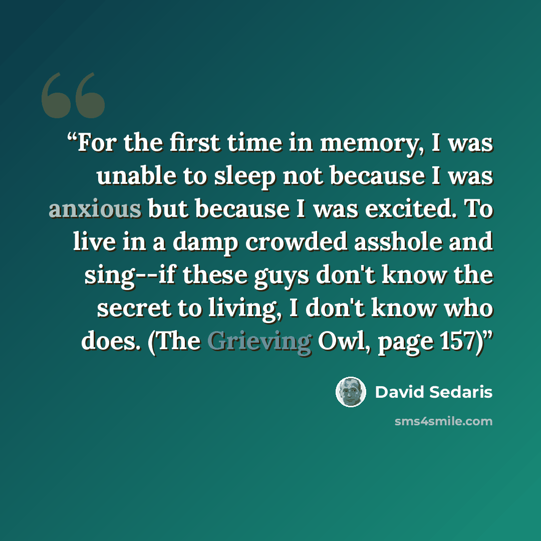 “For the first time in memory, I was unable to sleep not because I was anxious but because I was excited. To live in a damp crowded asshole and sing--if these guys don't know the secret to living, I don't know who does. (The Grieving Owl, page 157)” quote by David Sedaris