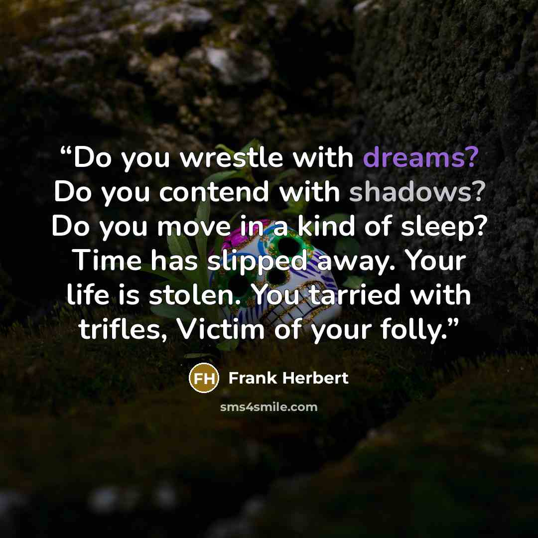 “Do you wrestle with dreams? Do you contend with shadows? Do you move in a kind of sleep? Time has slipped away. Your life is stolen. You tarried with trifles, Victim of your folly.” quote by Frank Herbert