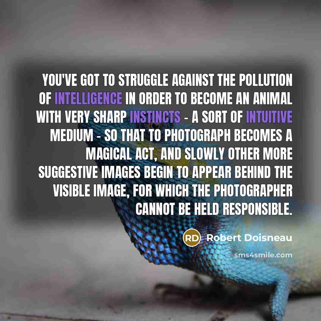 “You've got to struggle against the pollution of intelligence in order to become an animal with very sharp instincts - a sort of intuitive medium - so that to photograph becomes a magical act, and slowly other more suggestive images begin to appear behind the visible image, for which the…” quote by Robert Doisneau