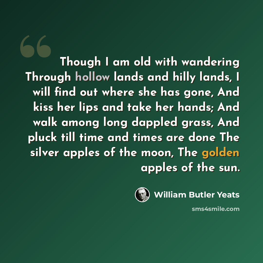 “Though I am old with wandering Through hollow lands and hilly lands, I will find out where she has gone, And kiss her lips and take her hands; And walk among long dappled grass, And pluck till time and times are done The silver apples of the moon, The golden apples of the sun.” quote by William Butler Yeats