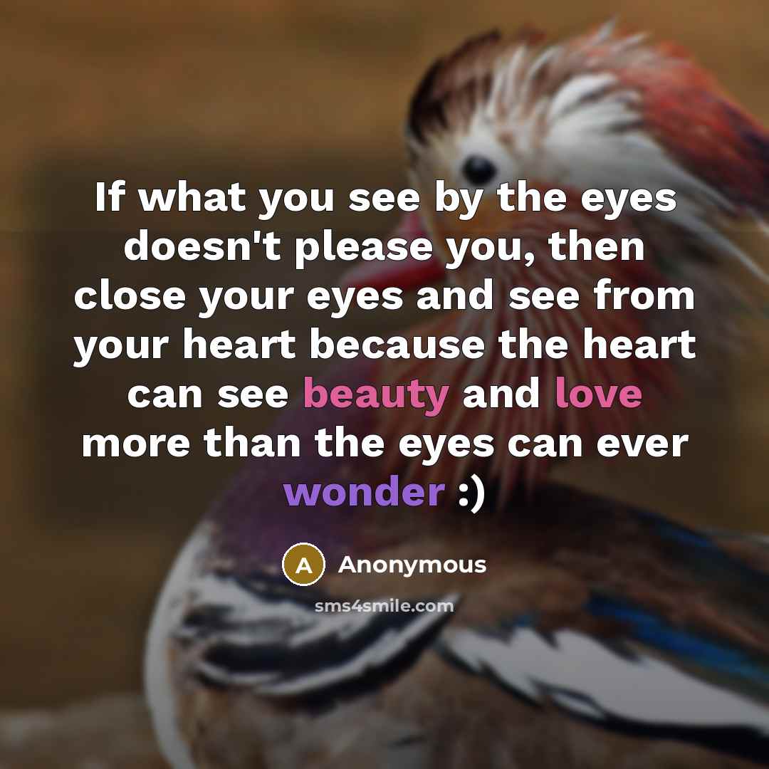 “If what you see by the eyes doesn't please you, then close your eyes and see from your heart because the heart can see beauty and love more than the eyes can ever wonder :)” quote by Anonymous