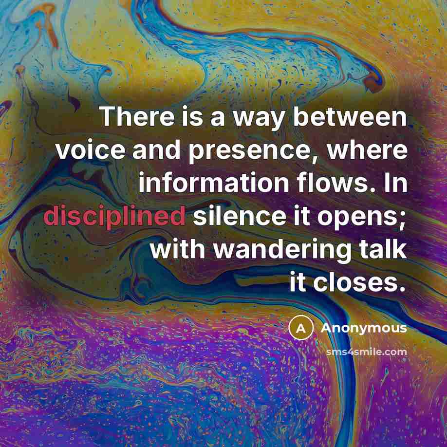 “There is a way between voice and presence, where information flows. In disciplined silence it opens; with wandering talk it closes.” quote by Anonymous