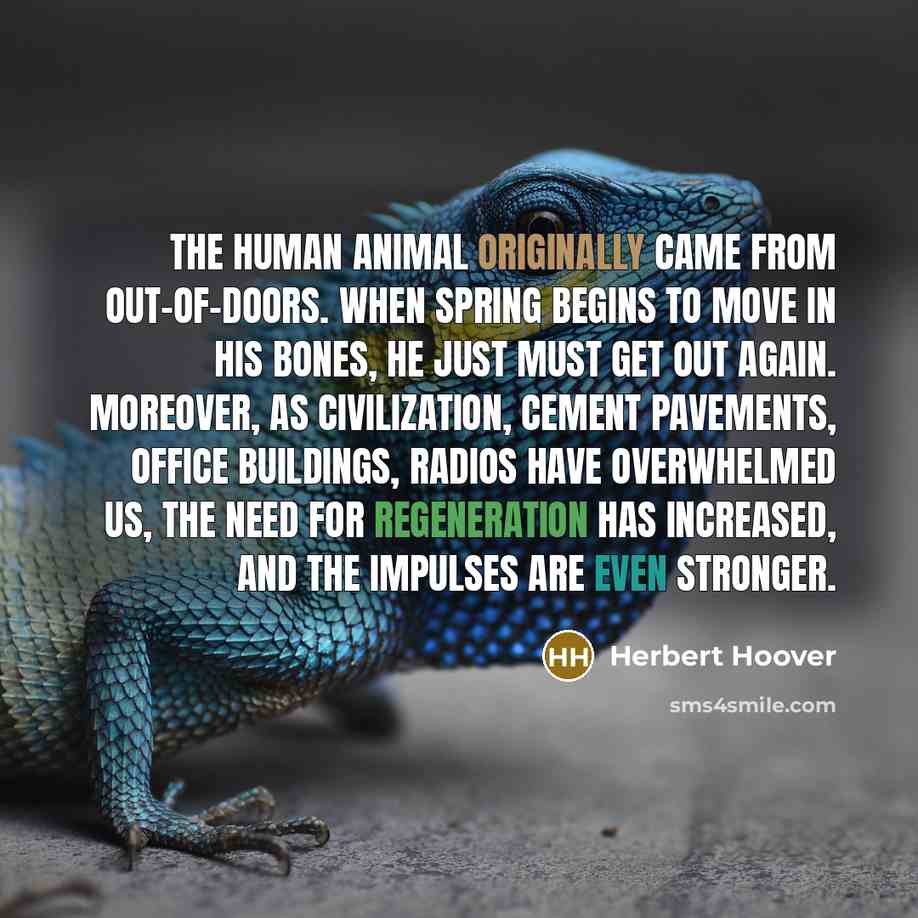 “The human animal originally came from out-of-doors. When spring begins to move in his bones, he just must get out again. Moreover, as civilization, cement pavements, office buildings, radios have overwhelmed us, the need for regeneration has increased, and the impulses are even stronger.” quote by Herbert Hoover