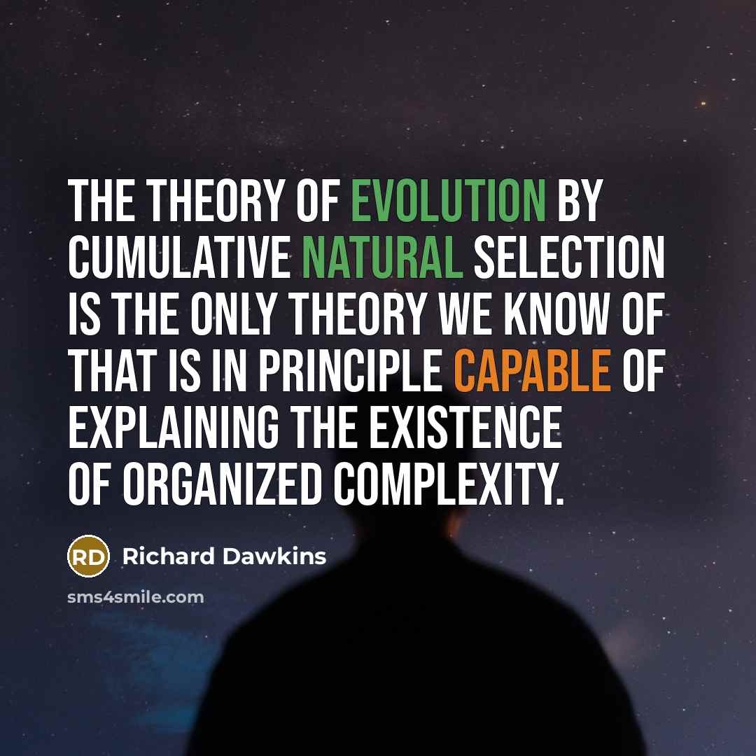 “The theory of evolution by cumulative natural selection is the only theory we know of that is in principle capable of explaining the existence of organized complexity.” quote by Richard Dawkins