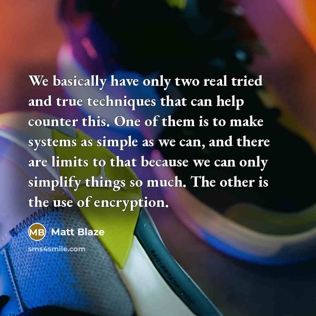 “We basically have only two real tried and true techniques that can help counter this. One of them is to make systems as simple as we can, and there are limits to that because we can only simplify things so much. The other is the use of encryption.” quote by Matt Blaze