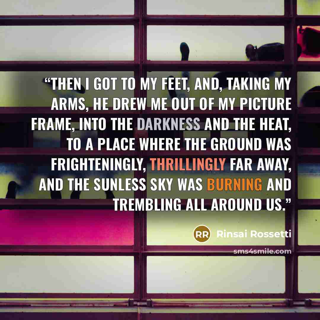 “Then I got to my feet, and, taking my arms, he drew me out of my picture frame, into the darkness and the heat, to a place where the ground was frighteningly, thrillingly far away, and the sunless sky was burning and trembling all around us.” quote by Rinsai Rossetti
