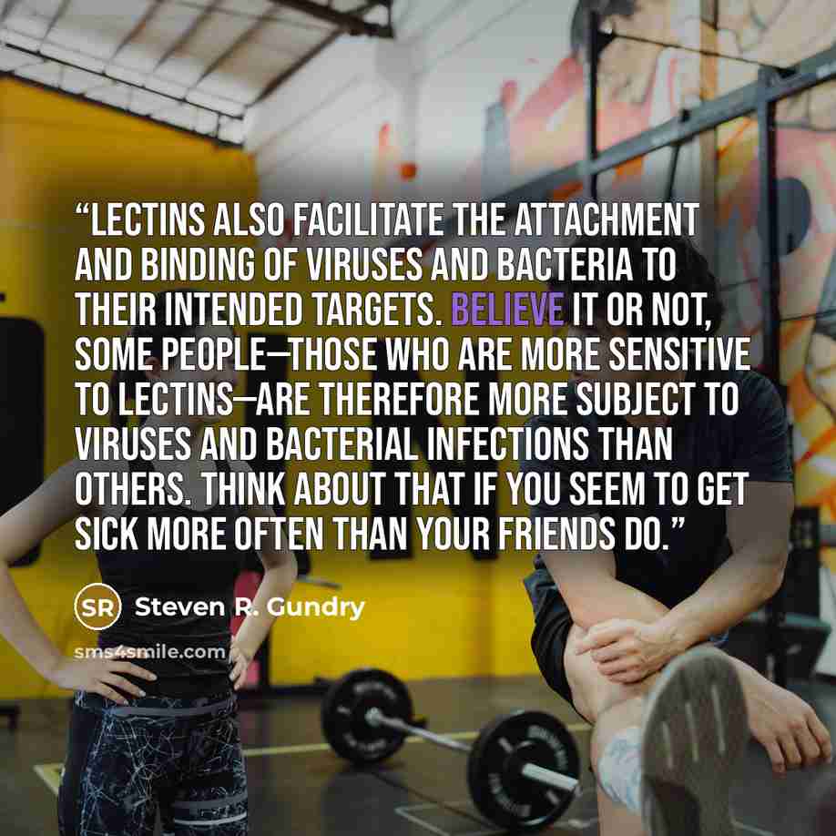 “Lectins also facilitate the attachment and binding of viruses and bacteria to their intended targets. Believe it or not, some people—those who are more sensitive to lectins—are therefore more subject to viruses and bacterial infections than others. Think about that if you seem to get sick more…” quote by Steven R. Gundry