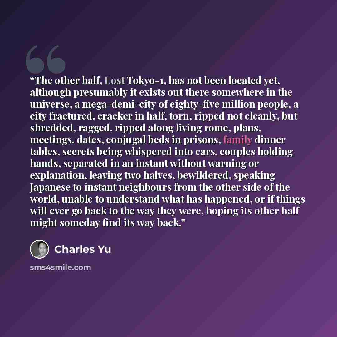 “The other half, Lost Tokyo-1, has not been located yet, although presumably it exists out there somewhere in the universe, a mega-demi-city of eighty-five million people, a city fractured, cracker in half, torn, ripped not cleanly, but shredded, ragged, ripped along living rome, plans, meetings…” quote by Charles Yu
