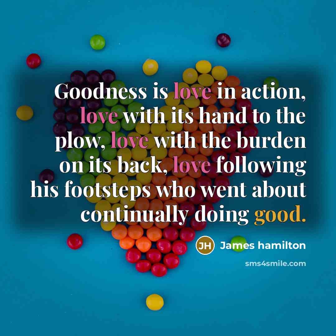 “Goodness is love in action, love with its hand to the plow, love with the burden on its back, love following his footsteps who went about continually doing good.” quote by James Hamilton