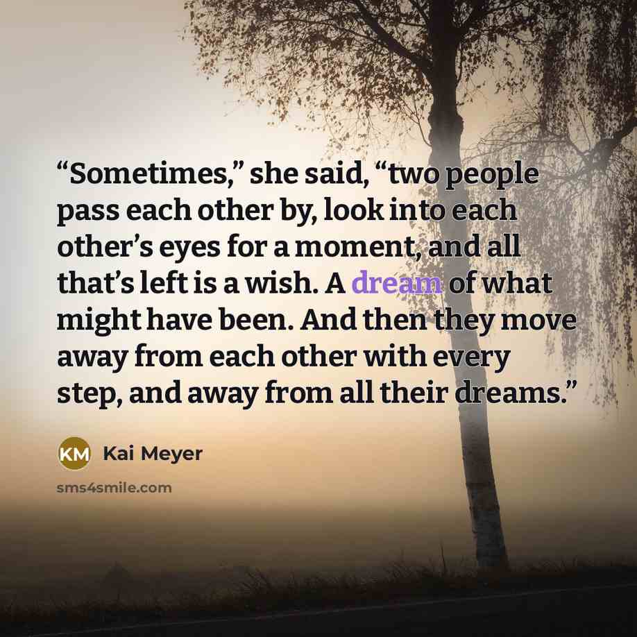 “Sometimes,” she said, “two people pass each other by, look into each other’s eyes for a moment, and all that’s left is a wish. A dream of what might have been. And then they move away from each other with every step, and away from all their dreams.” quote by Kai Meyer