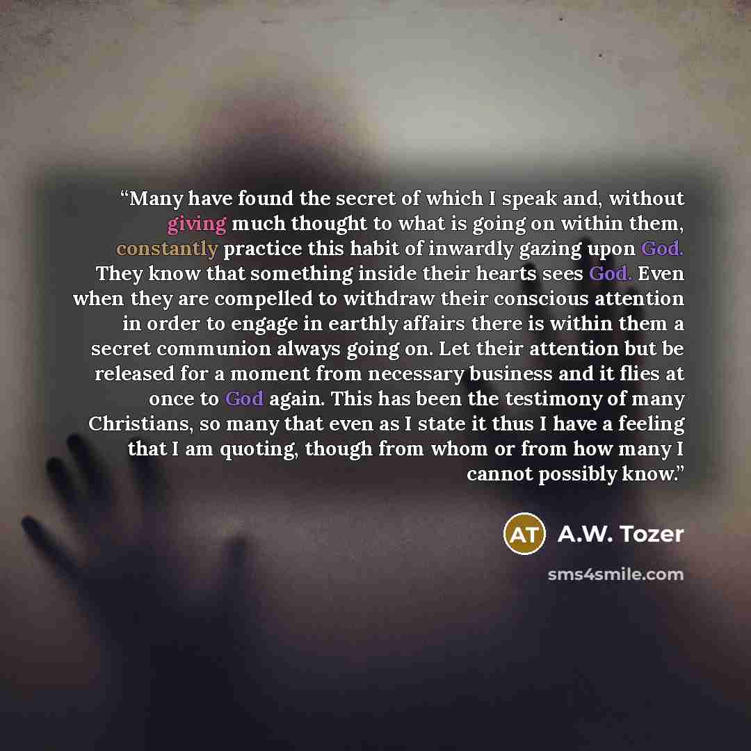 “Many have found the secret of which I speak and, without giving much thought to what is going on within them, constantly practice this habit of inwardly gazing upon God. They know that something inside their hearts sees God. Even when they are compelled to withdraw their conscious attention in…” quote by A.W. Tozer